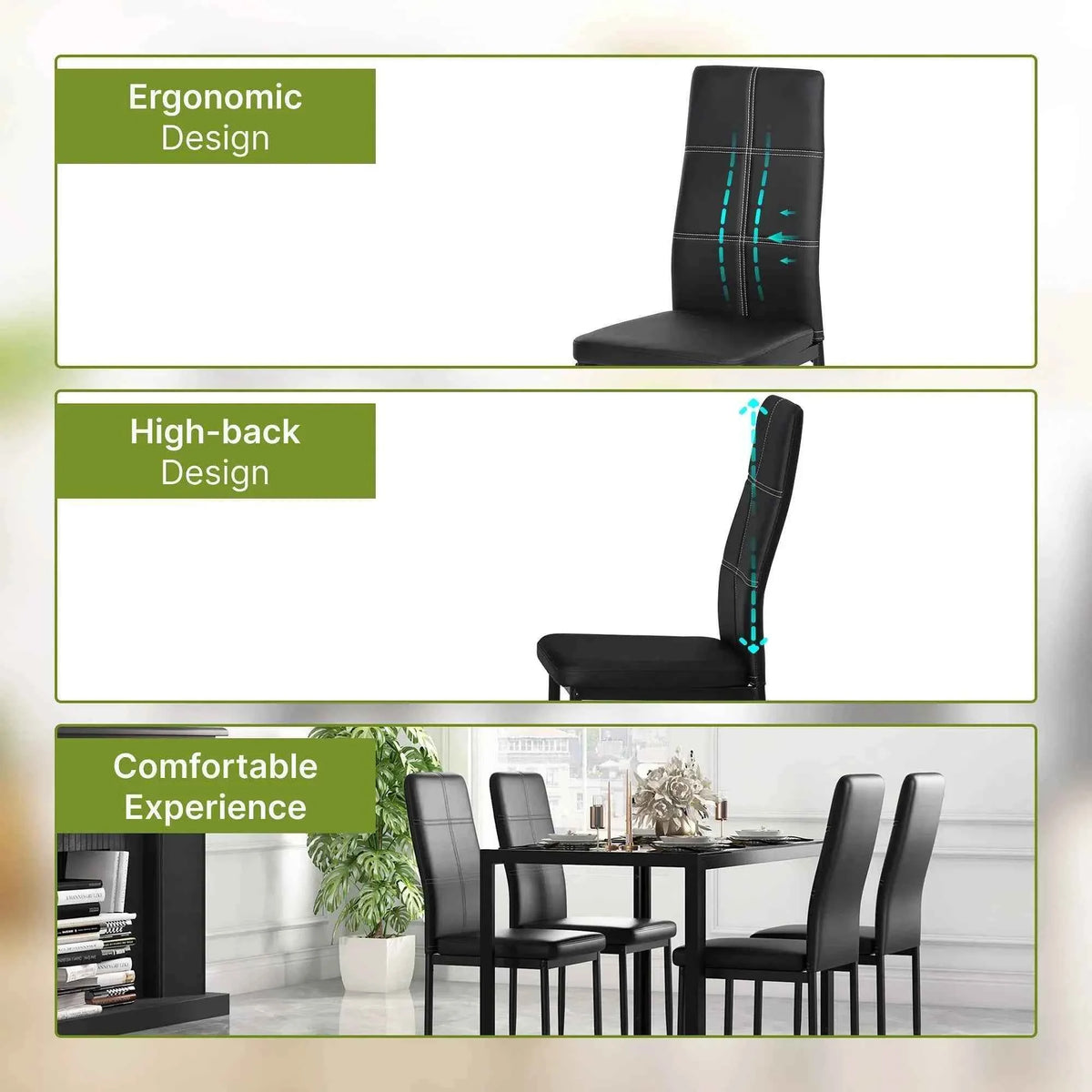 5-Piece Black Glass Dining Table Set – Rectangular Kitchen Table with 4 Faux Leather Chairs (United States & Canada Delivery Only)