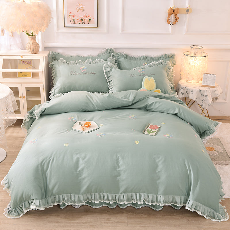 Summer Ruffled Cotton Bedding Set Embroidered Floral Bed Skirt
