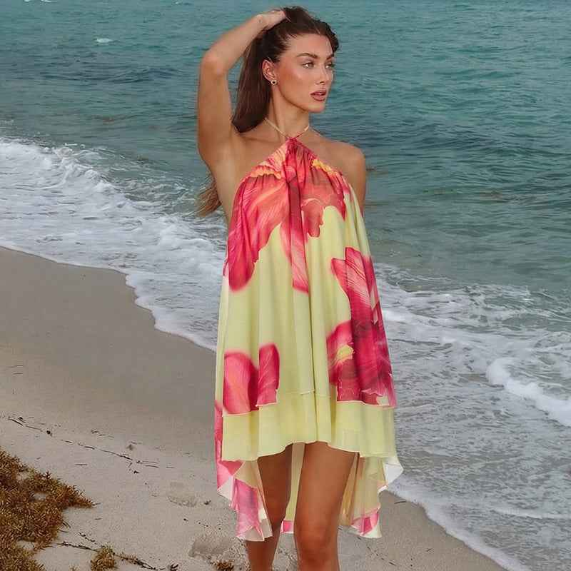 Women's Spring Summer Floral Asymmetrical Backless Resort Dress