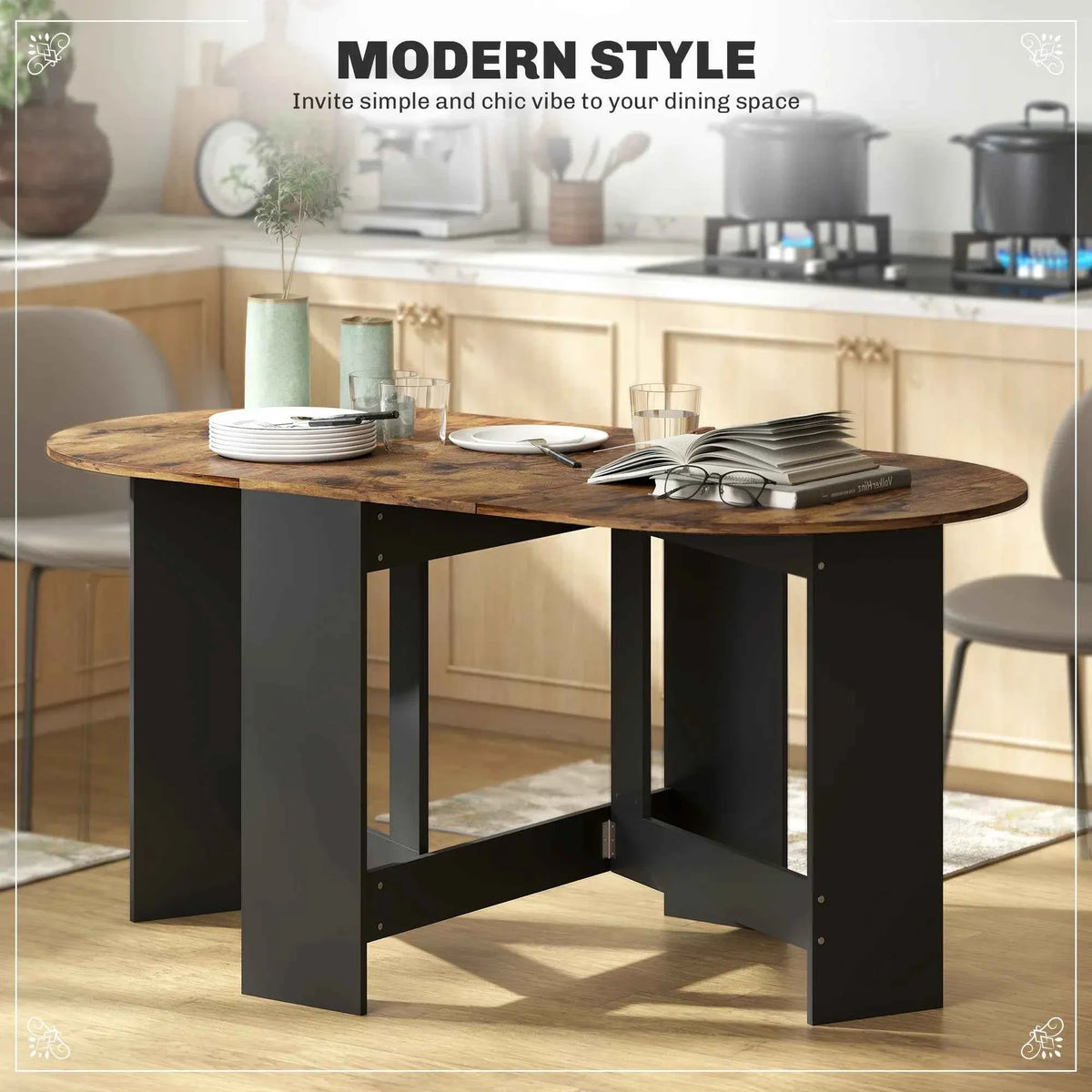 Rustic Brown Oval Folding Dining Table – Space-Saving Drop-Leaf Kitchen Table (United States & Canada Delivery Only)