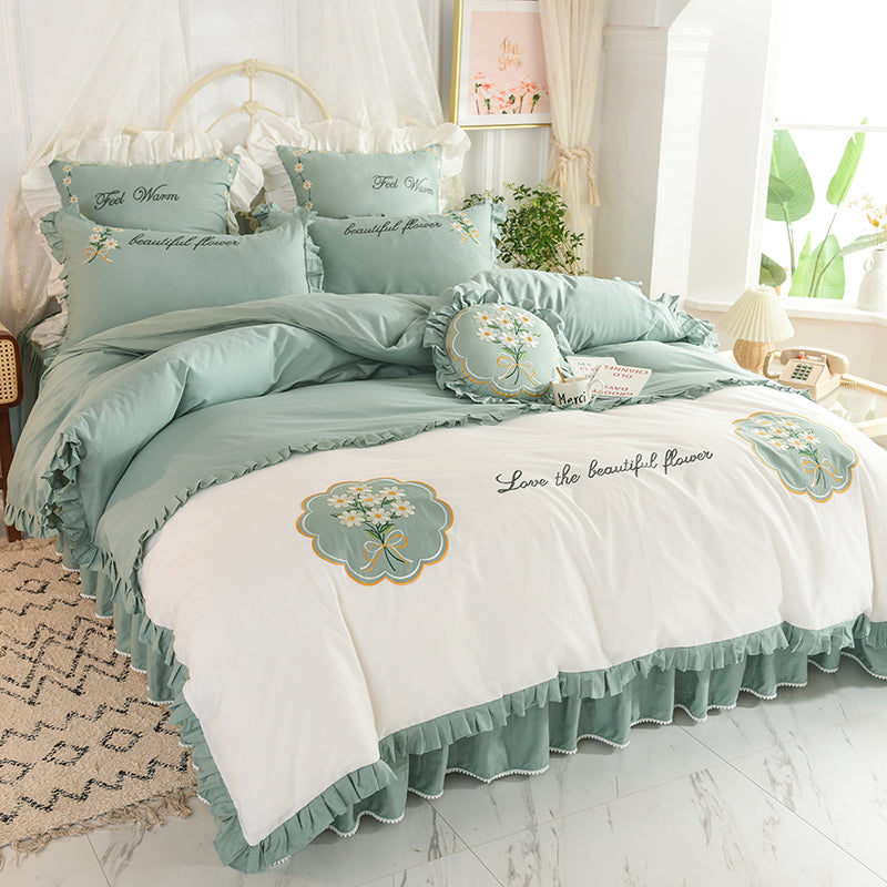 Summer Ruffled Cotton Bedding Set Embroidered Floral Bed Skirt