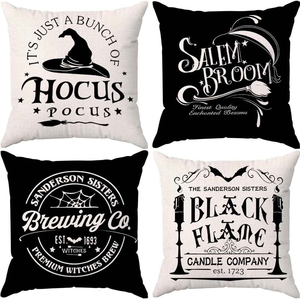 Set of 4 Halloween Pillow Covers 18 × 18 in – Hocus Pocus Black & White Fall Decor (Canada Delivery Only)