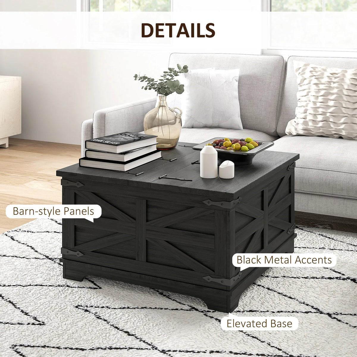 Black Farmhouse Square Coffee Table with Flip-Top Storage (United States Delivery Only)