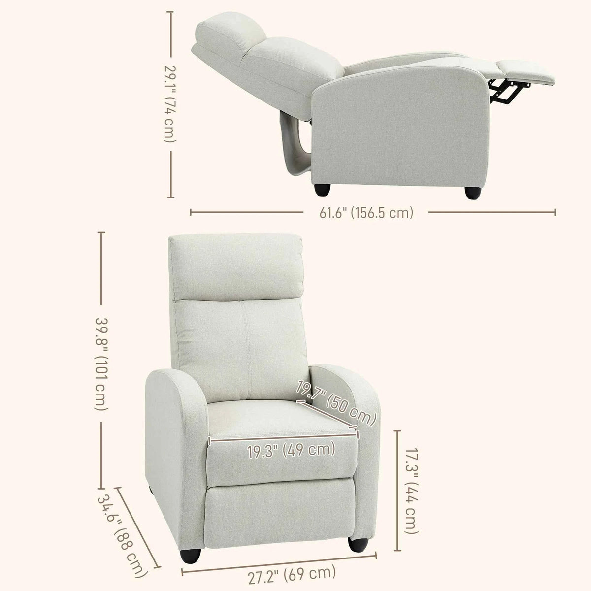 Cream White Fabric Recliner Chair – Manual Home Theater & Living Room Sofa with Padded Seat (United States & Canada Delivery Only)