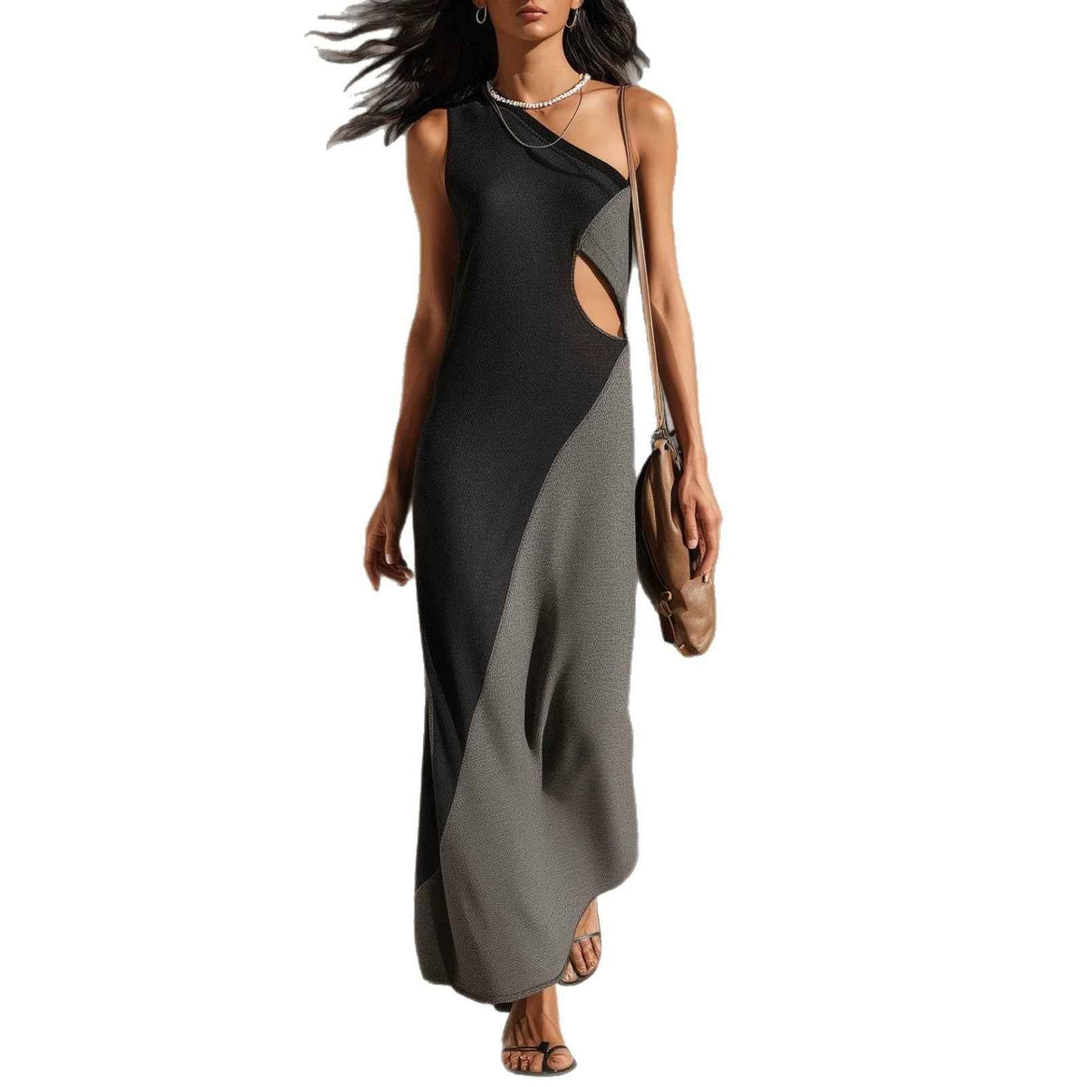 Women's One-Shoulder Color Block Midi Dress – Sleeveless Patchwork Casual Fashion Dress