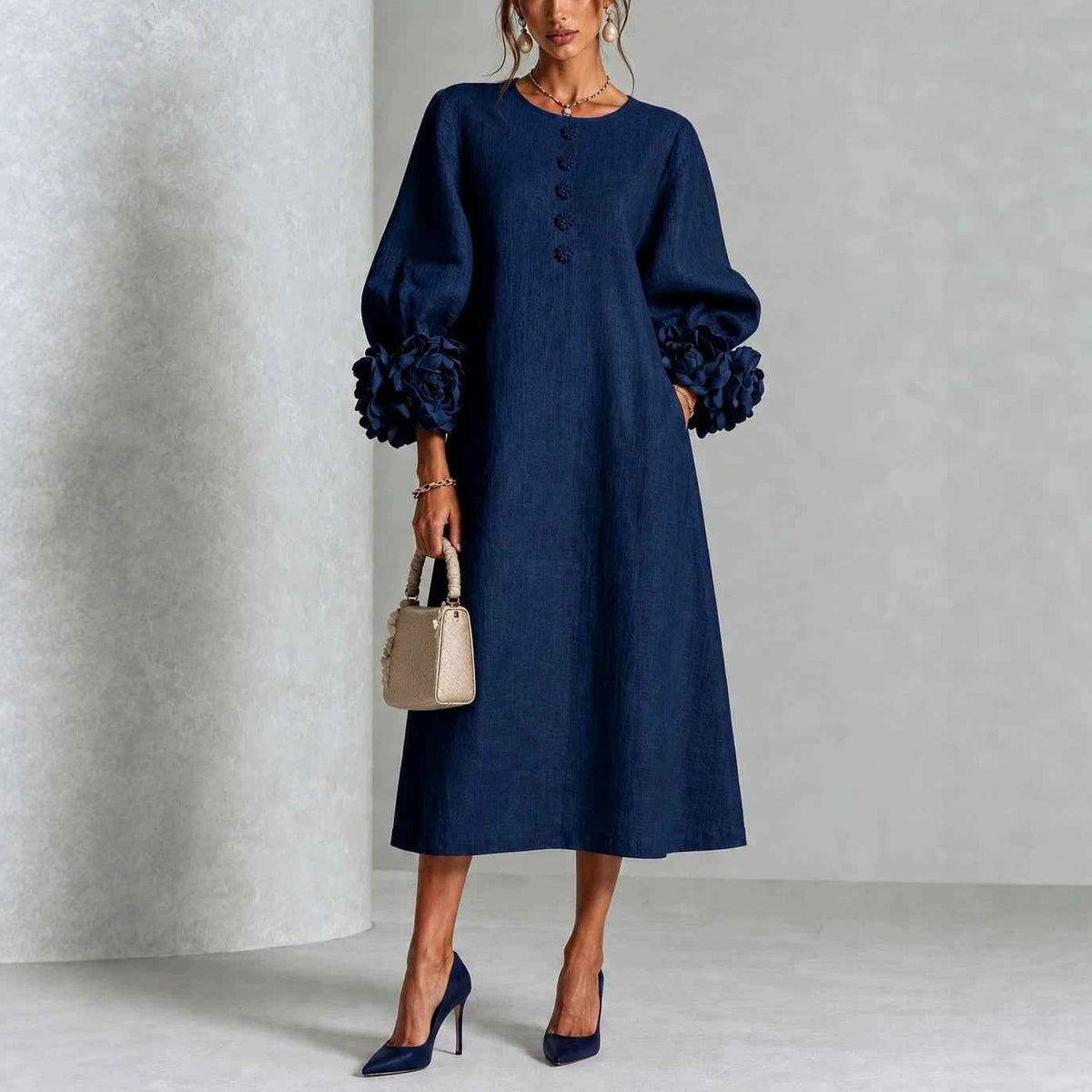 Women’s 3D Floral A-Line Dress – Puff Sleeve French-Style Party & Wedding Dress