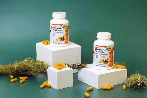 Turmeric & Ginger - Bottles And Capsules On Cubes